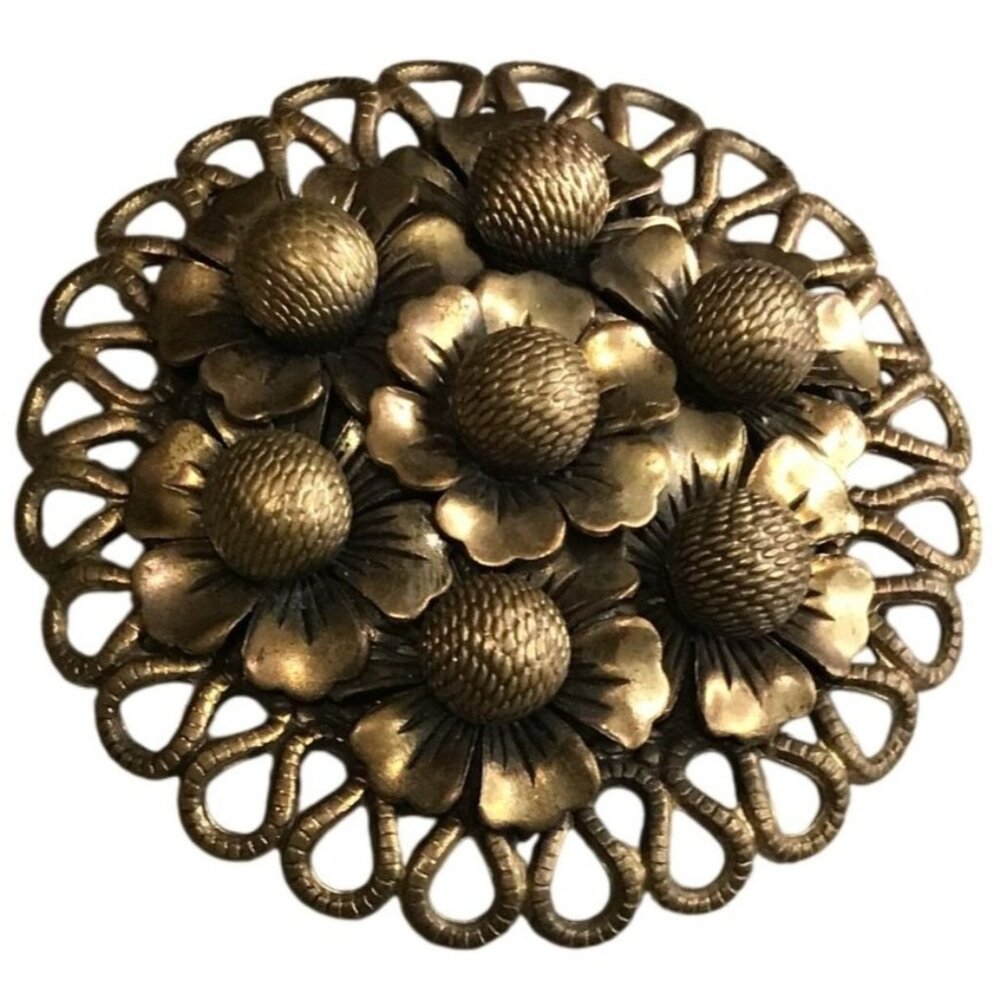 Vintage Floral Sash Brass Brooch 1920s Intricate Flower Design